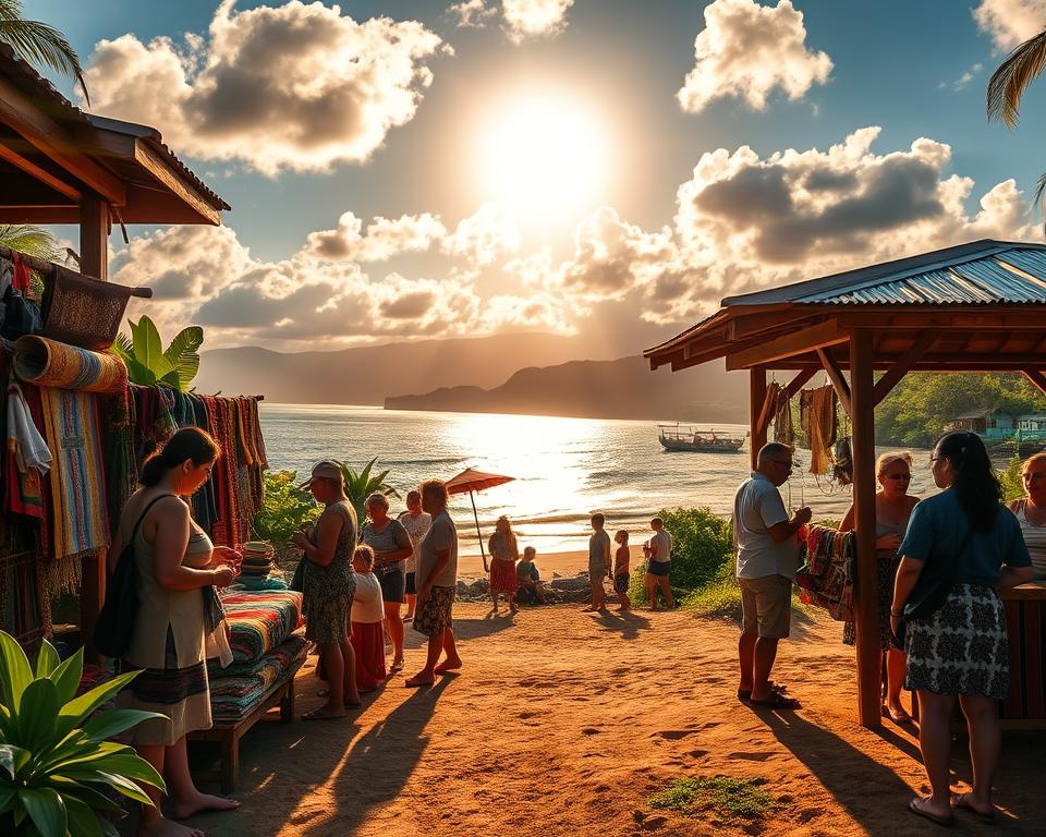 A vibrant scene capturing the essence of Montezuma, Costa Rica, showcasing its rich culture and history. In the foreground, a traditional wooden market stall displays colorful handwoven textiles and intricate artisan crafts, with local vendors dressed in modest, casual clothing engaging with tourists. The middle ground features lush tropical vegetation and the iconic Montezuma beach, where gentle waves lap against golden sands. In the background, the stunning silhouette of distant hills under a bright blue sky with scattered clouds, illuminated by warm, golden sunlight. The atmosphere is lively yet serene, evoking a sense of discovery and connection to Montezuma's cultural heritage. A tranquil vibe permeates the scene, inviting viewers into the heart of this beautiful Costa Rican destination.