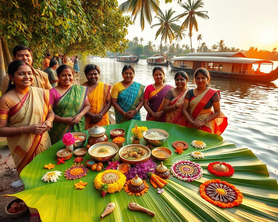 A vibrant scene capturing the essence of Onam festival in Kerala. In the foreground, a traditional Sadhya feast spread upon a banana leaf, featuring an array of colorful dishes, flowers, and intricate decorative designs made from flower petals, symbolizing prosperity. In the middle, joyous locals dressed in modest traditional attire celebrating with heartwarming smiles, some engaged in Thiruvathira, a folk dance. In the background, serene backwaters lined with lush green trees, and opulent houseboats gracefully gliding through the water under soft, golden lighting of a late afternoon sun. The mood is joyful and festive, evoking togetherness and cultural richness. The image should be framed to emphasize the warm colors of the feast, contrasting beautifully with the natural scenery.
