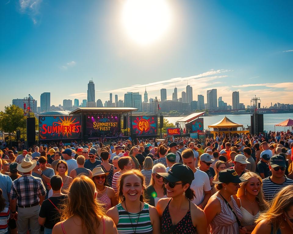 A vibrant scene capturing the essence of Summerfest Milwaukee, the world's largest music festival. In the foreground, a diverse crowd of excited festival-goers, dressed in casual summer attire, enjoying live music. Midground elements include colorful festival stages with various performers, instruments, and artistic decorations, showcasing a variety of music styles. The background features the Milwaukee skyline under a radiant blue sky, illuminated by warm golden sunlight, creating a lively atmosphere. Golden hour soft lighting enhances the joyful mood, while slight lens flares add dynamism to the scene. The image should convey the spirit of community and celebration central to Summerfest, emphasizing the thrill of live performances amidst a picturesque lakeside setting. A vibrant scene capturing the essence of Summerfest Milwaukee, the world's largest music festival. In the foreground, a diverse crowd of excited festival-goers, dressed in casual summer attire, enjoying live music. Midground elements include colorful festival stages with various performers, instruments, and artistic decorations, showcasing a variety of music styles. The background features the Milwaukee skyline under a radiant blue sky, illuminated by warm golden sunlight, creating a lively atmosphere. Golden hour soft lighting enhances the joyful mood, while slight lens flares add dynamism to the scene. The image should convey the spirit of community and celebration central to Summerfest, emphasizing the thrill of live performances amidst a picturesque lakeside setting.