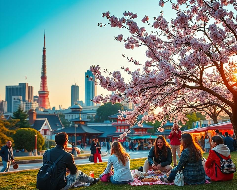 A vibrant scene capturing the essence of Tokyo across different seasons, showcasing the best travel months. In the foreground, cherry blossoms in full bloom, their delicate pink petals swirling in the breeze. Nearby, a group of diverse travelers in modest casual clothing enjoys a picnic under a blooming sakura tree, exuding joy and wonder. The middle ground features iconic landmarks, including the Tokyo Tower and traditional temples, surrounded by lush greenery and colorful street markets. In the background, a clear blue sky transitions into warm hues, suggesting a beautiful sunset. The atmosphere is lively and inviting, reflecting the excitement of exploring Tokyo throughout the year. Soft, natural lighting enhances the vibrant colors and details, creating a warm and welcoming ambiance.