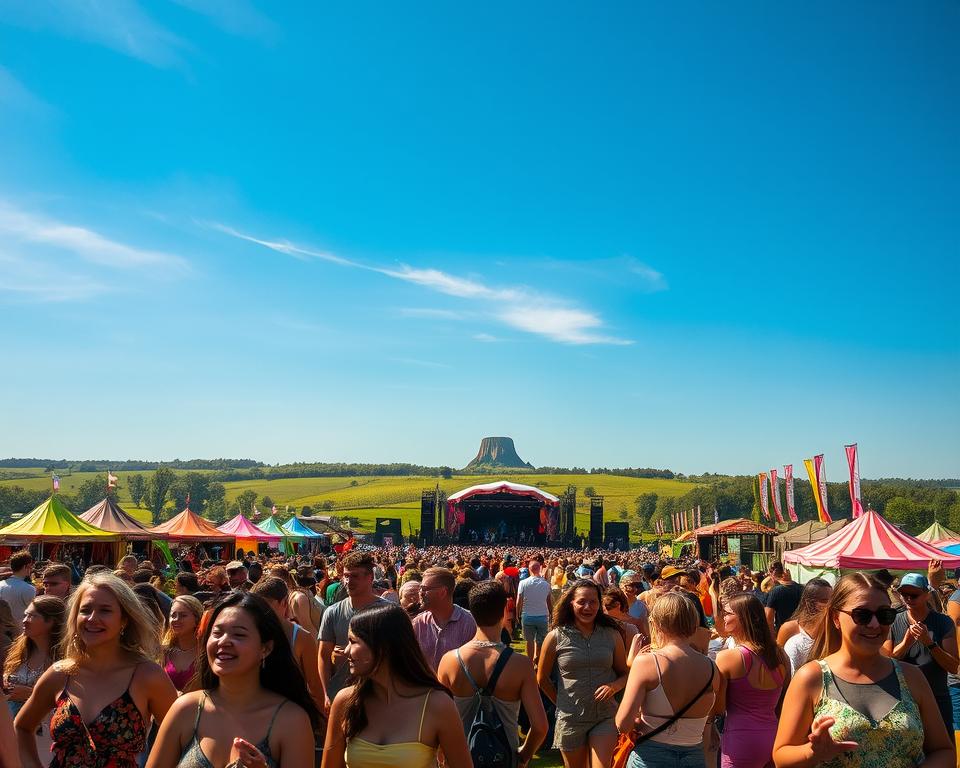 A vibrant scene capturing the essence of the Glastonbury Festival, with colorful tents and stages set against a lush green landscape under a bright blue sky. In the foreground, enthusiastic festival-goers dressed in casual, comfortable clothing are dancing and enjoying live music, their faces filled with joy. The middle ground showcases various stages with diverse performances, featuring musicians of different genres, surrounded by art installations and food stalls adorned with flags and banners. In the background, the iconic Glastonbury Tor rises majestically, adding to the cultural significance of the festival. The atmosphere is lively and electric, with warm, golden sunlight bathing the scene, creating an uplifting mood that reflects the celebration of culture and diversity. Capture this moment from a slightly elevated angle to give depth and perspective to the festival's grandeur. A vibrant scene capturing the essence of the Glastonbury Festival, with colorful tents and stages set against a lush green landscape under a bright blue sky. In the foreground, enthusiastic festival-goers dressed in casual, comfortable clothing are dancing and enjoying live music, their faces filled with joy. The middle ground showcases various stages with diverse performances, featuring musicians of different genres, surrounded by art installations and food stalls adorned with flags and banners. In the background, the iconic Glastonbury Tor rises majestically, adding to the cultural significance of the festival. The atmosphere is lively and electric, with warm, golden sunlight bathing the scene, creating an uplifting mood that reflects the celebration of culture and diversity. Capture this moment from a slightly elevated angle to give depth and perspective to the festival's grandeur.