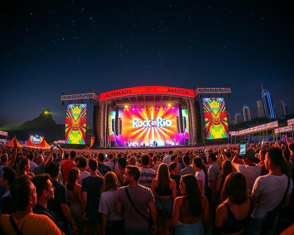 A vibrant scene capturing the essence of the Rock in Rio festival, showcasing a grand outdoor stage adorned with colorful lights and banners under a night sky filled with stars. In the foreground, a diverse crowd of enthusiastic festival-goers, dressed in casual clothing, dance and celebrate, their faces lit with excitement. The middle ground features the impressive main stage, with world-renowned musicians performing, surrounded by towering speakers and intricate lighting designs that create an electrifying atmosphere. In the background, a city skyline illuminated by neon lights, integrating the urban feel of Rio de Janeiro. The image is infused with a warm, festive glow, embodying the energy and spirit of this iconic music festival, shot from a low angle to capture the grandeur of the scene. A vibrant scene capturing the essence of the Rock in Rio festival, showcasing a grand outdoor stage adorned with colorful lights and banners under a night sky filled with stars. In the foreground, a diverse crowd of enthusiastic festival-goers, dressed in casual clothing, dance and celebrate, their faces lit with excitement. The middle ground features the impressive main stage, with world-renowned musicians performing, surrounded by towering speakers and intricate lighting designs that create an electrifying atmosphere. In the background, a city skyline illuminated by neon lights, integrating the urban feel of Rio de Janeiro. The image is infused with a warm, festive glow, embodying the energy and spirit of this iconic music festival, shot from a low angle to capture the grandeur of the scene.