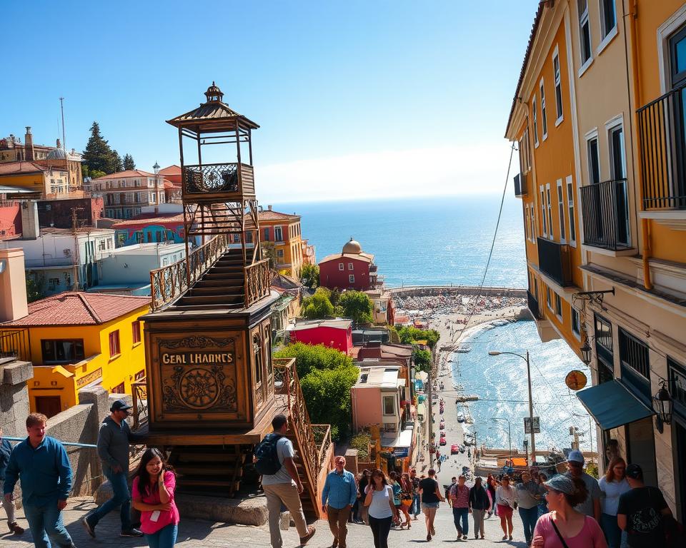 A vibrant scene capturing the iconic Ascensores of Valparaíso, Chile, amidst a picturesque urban landscape. In the foreground, an ornate funicular railway ascends a steep hill lined with colorful houses, showcasing the unique architecture and bright hues typical of this coastal city. The middle ground features a lively street, bustling with locals and tourists wearing casual clothing, admiring the surroundings. The background reveals a stunning ocean view under a clear blue sky. Warm afternoon lighting bathes the scene, creating a welcoming atmosphere. Shot from a low angle to emphasize the height of the ascensor, with a slight tilt to capture the dynamic nature of this charming locale, invoking a sense of adventure and exploration.
