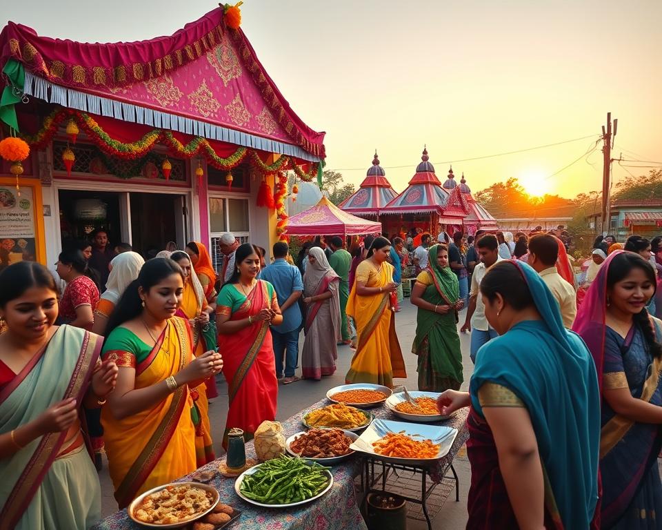 A vibrant scene depicting Hindu festivals celebrated in the diaspora, featuring a multicultural gathering outside a colorful community center adorned with traditional decorations. In the foreground, diverse individuals of various ethnic backgrounds, dressed in modest traditional attire, participate in lively activities like dancing and crafting. In the middle ground, festive tents are set up with intricate patterns, and tables filled with authentic dishes highlight the culinary diversity of Hindu festivals. The background showcases a clear sky at sunset, casting warm golden light over the scene, enhancing the festive atmosphere. The lens gives a slightly elevated angle, capturing the joyful expressions and communal spirit of togetherness, reflecting the rich tapestry of Hindu cultural celebrations outside India.