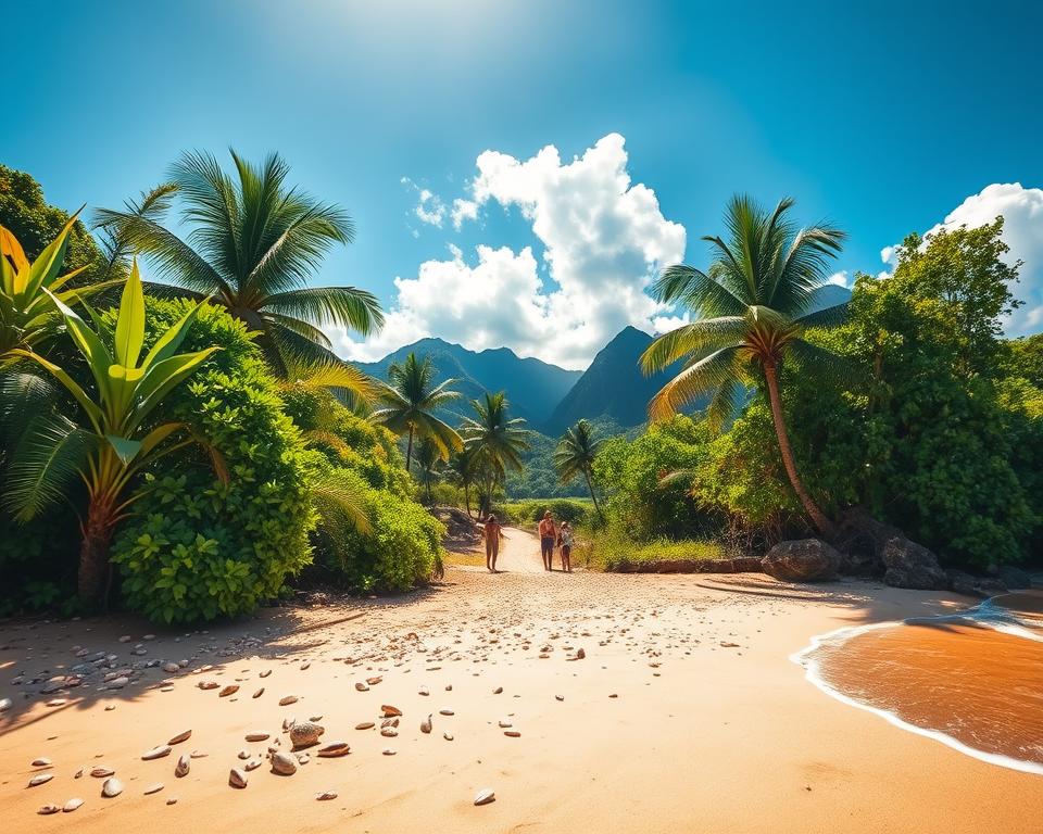 A vibrant scene depicting Tayrona National Park in Colombia, showcasing lush tropical vegetation and a stunning beach. In the foreground, a soft sandy beach with scattered seashells and gentle waves lapping at the shore. The middle ground features towering palm trees and vibrant green foliage, framing a picturesque hiking trail that leads toward the beach. In the background, majestic mountains rise under a bright blue sky with fluffy white clouds, casting dappled sunlight across the landscape. The atmosphere is lively and inviting, capturing the spirit of adventure and relaxation. The lighting is warm and golden, suggesting a mid-afternoon sun, with a focus on the natural beauty and tranquility of this stunning location. The image should evoke a sense of exploration and serenity.