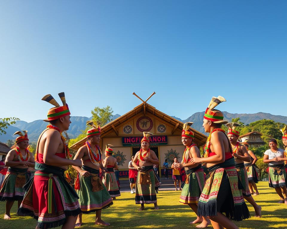 A vibrant scene depicting a Naga tribe in Nagaland, India, showcasing their rich cultural heritage. In the foreground, a group of Naga men and women dressed in traditional attire, featuring colorful textiles, intricate beadwork, and ceremonial headgear, engage in a lively festival dance. The middle ground highlights a beautifully adorned bamboo hut, surrounded by lush greenery typical of the region, with traditional motifs visible on the walls. In the background, majestic hills rise under a clear blue sky, capturing the essence of Nagaland’s landscape. The atmosphere is festive and inviting, with warm, soft lighting that enhances the colors of the costumes and the natural surroundings. The scene is viewed from a slightly low angle, offering a dynamic perspective that immerses the viewer in this celebration of Naga traditions.