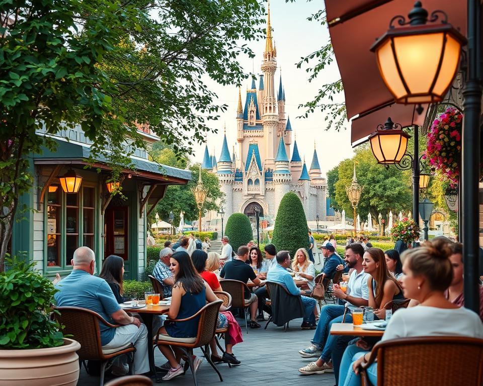 A vibrant scene depicting a comfortable resting area in Disneyland Paris, showcasing a charming outdoor café surrounded by lush greenery and whimsical decorations, with the iconic Sleeping Beauty Castle in the background. In the foreground, a diverse group of families and friends, dressed in casual, comfortable clothing, enjoy their meals and relax on cozy seating. Bright, cheerful lighting creates a warm and inviting atmosphere, capturing the magic of the park. The angle is slightly elevated, offering a panoramic view of both the café and the enchanting castle, while soft, playful colors dominate the image to evoke a sense of joy and excitement. A vibrant scene depicting a comfortable resting area in Disneyland Paris, showcasing a charming outdoor café surrounded by lush greenery and whimsical decorations, with the iconic Sleeping Beauty Castle in the background. In the foreground, a diverse group of families and friends, dressed in casual, comfortable clothing, enjoy their meals and relax on cozy seating. Bright, cheerful lighting creates a warm and inviting atmosphere, capturing the magic of the park. The angle is slightly elevated, offering a panoramic view of both the café and the enchanting castle, while soft, playful colors dominate the image to evoke a sense of joy and excitement.