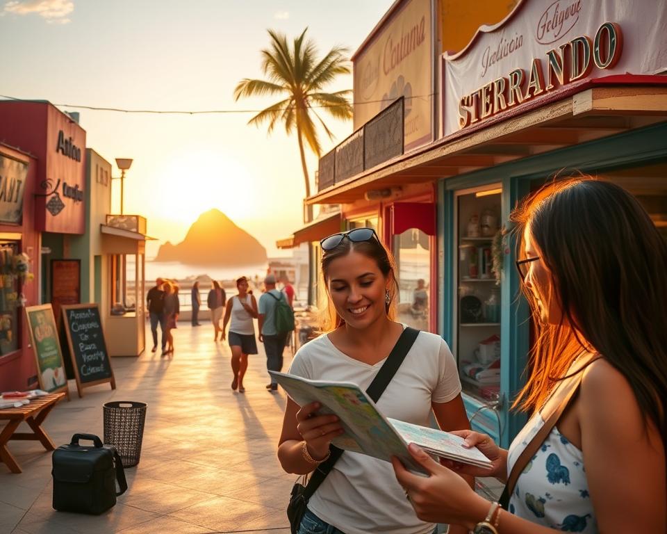 A vibrant scene depicting a secure and welcoming atmosphere in Baja California Norte. In the foreground, a group of two travelers in modest casual clothing enjoy their time, consulting a travel map while small beachside shops are visible around them. In the middle ground, colorful buildings with decorative signage reflect the local culture, and friendly shop owners engage in conversation with visitors. In the background, iconic coastal cliffs and the sun setting over the ocean create a serene ambiance. The lighting should be warm and inviting, with a soft golden glow illuminating the scene as day transitions to evening. The perspective captures a sense of exploration and safety, embodying the guide's tips for a secure travel experience in the region.
