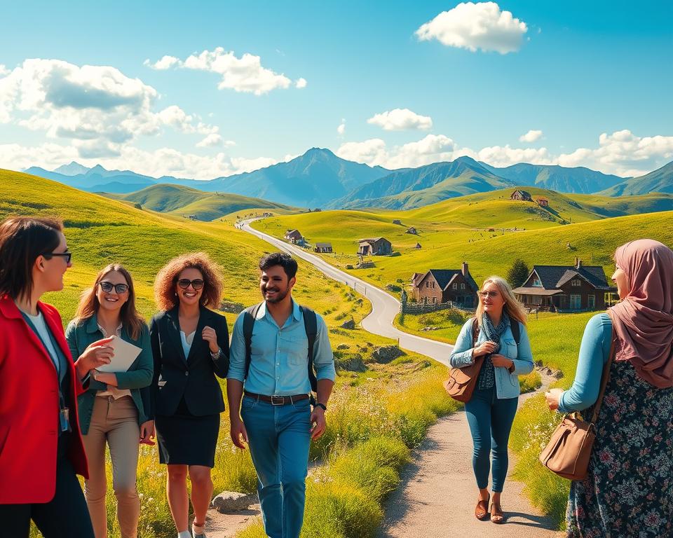 A vibrant scene depicting a small group traveling together on a scenic journey through lush countryside landscapes. In the foreground, diverse individuals in professional business attire or modest casual clothing engage joyfully, sharing experiences as they explore unique locales. In the middle ground, a picturesque winding road stretches through rolling green hills, dotted with wildflowers and charming cottages. The background features majestic mountains under a bright blue sky, with soft, fluffy clouds enhancing the serene atmosphere. The lighting is warm and inviting, simulating late afternoon sunlight that casts soft shadows. Capture the spirit of adventure and camaraderie among travelers, evoking a sense of discovery and connection in every detail.