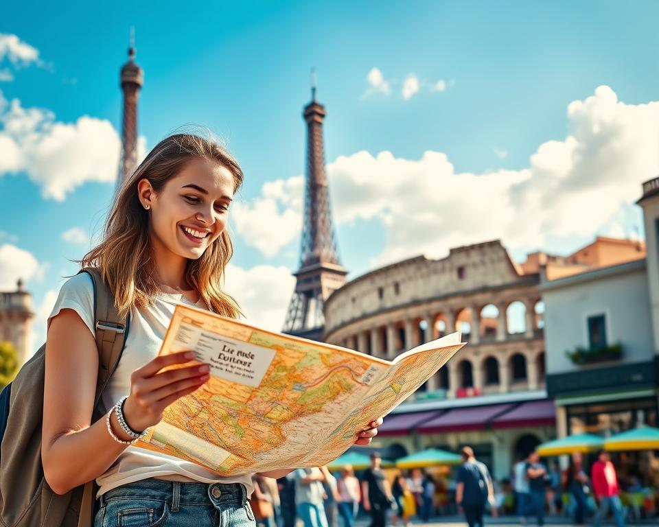 A vibrant scene depicting a solo traveler exploring iconic European landmarks. In the foreground, a young woman in casual yet stylish travel attire examines a city map with a joyful expression. The middle ground features famous landmarks such as the Eiffel Tower, Colosseum, and a quaint European street lined with colorful buildings and outdoor cafes, bustling with other tourists. In the background, a clear blue sky with soft, fluffy clouds creates an uplifting atmosphere. The sunlight bathes the scene in a warm glow, enhancing the sense of adventure and exploration. Capture this scene with a slightly elevated angle to showcase the lively environment, focusing on the traveler’s excitement and the iconic backdrop of Europe.
