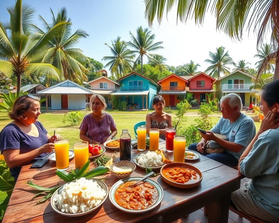 A vibrant scene depicting daily life in Tortuguero, Costa Rica, with a focus on local food and drink culture. In the foreground, a wooden table is set with traditional dishes like rice and beans, fresh fruit, and local drinks, surrounded by tropical greenery. In the middle ground, locals dressed in casual, modest clothing are engaged in lively conversation, reflecting a sense of community and warmth. The background features colorful houses typical of Tortuguero, nestled among lush palm trees and vibrant flowers, under a bright blue sky. Soft, natural lighting enhances the inviting atmosphere, with the camera angle slightly elevated to provide a panoramic view, capturing the essence of everyday life in this charming village.
