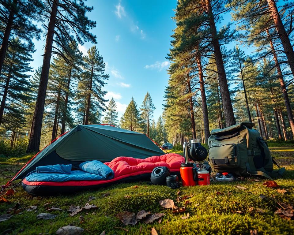 A vibrant scene depicting essential wild camping gear in a forested Swedish landscape. In the foreground, a neatly arranged set of gear including a compact tent, a durable sleeping bag, a camping stove, and a backpack, all resting on a bed of soft moss and scattered leaves. The middle ground features tall pine trees with dappled sunlight filtering through the branches, casting playful shadows. A clear blue sky with a few wispy clouds forms the background, suggesting a perfect camping day. Soft, natural lighting bathes the scene, evoking a serene and adventurous mood. The angle is slightly overhead, capturing the layout of the gear while showcasing the beauty of the surrounding nature.