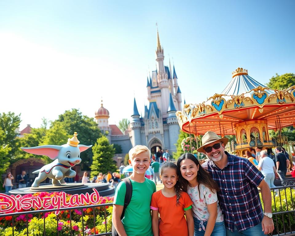 A vibrant scene depicting family-friendly attractions at Disneyland Paris, showcasing happy families of diverse backgrounds enjoying their day. In the foreground, a cheerful family poses together, dressed in colorful casual attire, with the iconic Sleeping Beauty Castle prominently visible behind them. In the middle ground, various attractions like the Dumbo the Flying Elephant ride and a carousel are animated with excited children and parents. The background features lush greenery and whimsical architecture characteristic of Disneyland, under a clear blue sky illuminated by soft sunlight. The overall atmosphere is joyful and magical, capturing a sense of wonder and fun for all ages, with a focus on togetherness and memorable experiences. The composition should be well-balanced, allowing the viewer to feel the excitement and charm of the park. A vibrant scene depicting family-friendly attractions at Disneyland Paris, showcasing happy families of diverse backgrounds enjoying their day. In the foreground, a cheerful family poses together, dressed in colorful casual attire, with the iconic Sleeping Beauty Castle prominently visible behind them. In the middle ground, various attractions like the Dumbo the Flying Elephant ride and a carousel are animated with excited children and parents. The background features lush greenery and whimsical architecture characteristic of Disneyland, under a clear blue sky illuminated by soft sunlight. The overall atmosphere is joyful and magical, capturing a sense of wonder and fun for all ages, with a focus on togetherness and memorable experiences. The composition should be well-balanced, allowing the viewer to feel the excitement and charm of the park.