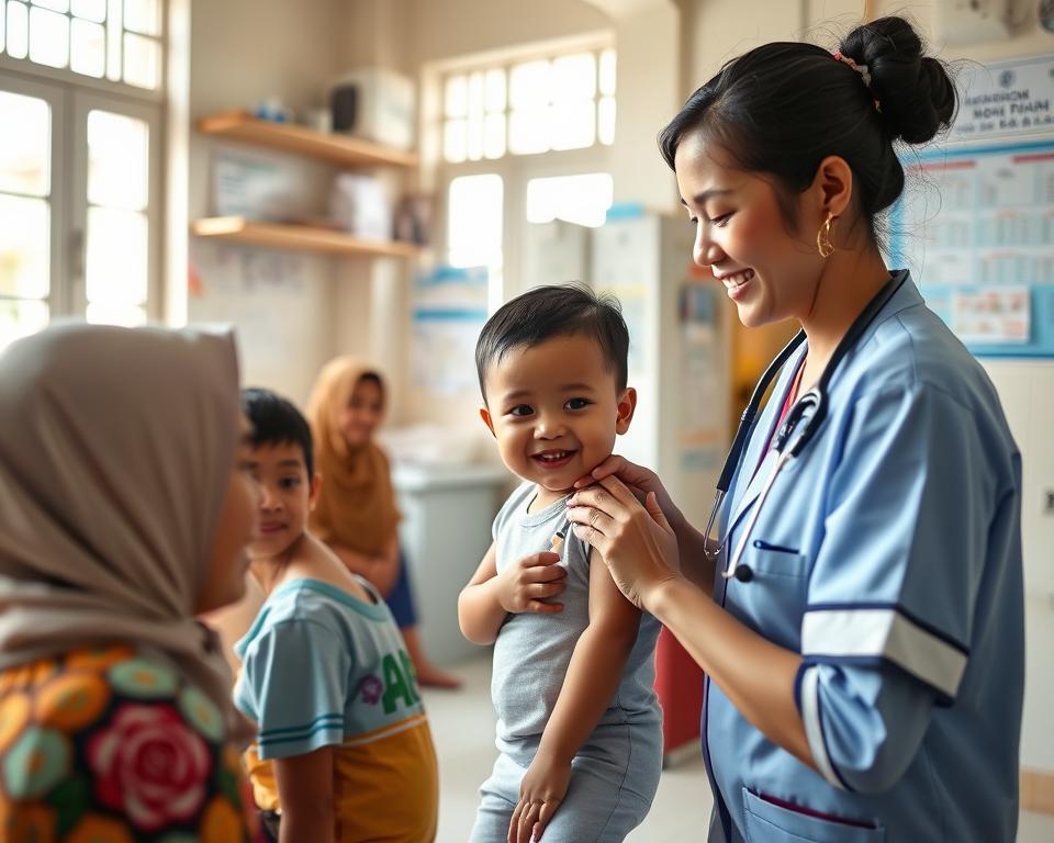 A vibrant scene depicting medical care in Indonesia, featuring a healthcare professional in professional attire, engaging with local patients in a well-organized clinic setting. In the foreground, a nurse is administering a vaccine to a child, showcasing a warm and friendly interaction. The middle ground includes various medical supplies and charts on the walls, emphasizing a well-equipped facility. The background displays traditional Indonesian architecture blended with modern medical technology, symbolizing progress in healthcare. Soft natural light filters through windows, creating an inviting and hopeful atmosphere. The lens captures a slight depth of field to focus on the nurse and child, while the surroundings remain softly blurred, enhancing the emotional connection of the scene.