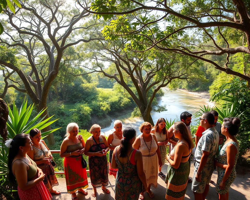 A vibrant scene depicting sustainable tourism in Montezuma, Costa Rica. In the foreground, a diverse group of modestly dressed local residents warmly engaging with curious tourists, sharing cultural crafts and stories. The middle ground features lush greenery, with a backdrop of stunning cassowary trees and a gently flowing river. Sunlight filters through the canopy, casting dappled shadows that create an inviting atmosphere. The background showcases the picturesque coastline of Montezuma, with soft sandy beaches and the ocean waves lapping gently. The mood is warm and welcoming, encapsulating the harmony between nature and community. Using a wide-angle lens, capture the vibrant colors and detail in the scene, with an emphasis on the interactions between locals and visitors, highlighting the essence of eco-friendly tourism.