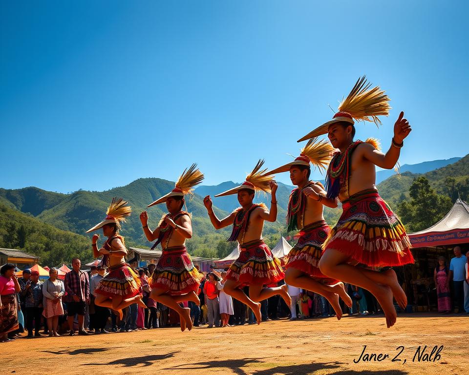 A vibrant scene depicting the Hornbill Festival in Nagaland, India, showcasing colorful traditional attire worn by indigenous people engaged in lively dance performances. In the foreground, a group of performers in intricately designed woven costumes, adorned with feathered headgear, leap joyfully. The middle ground features a bustling crowd of festival-goers, adorned with vibrant accessories, while traditional stalls exhibit handcrafted goods. The background reveals lush green hills under a clear blue sky, with faint silhouettes of distant mountains. The atmosphere is festive and celebratory, illuminated by warm, golden sunlight, adding to the joyful ambiance. The image is captured from a slightly elevated angle to encompass the energy of the festival while maintaining intimate focus on the performers.