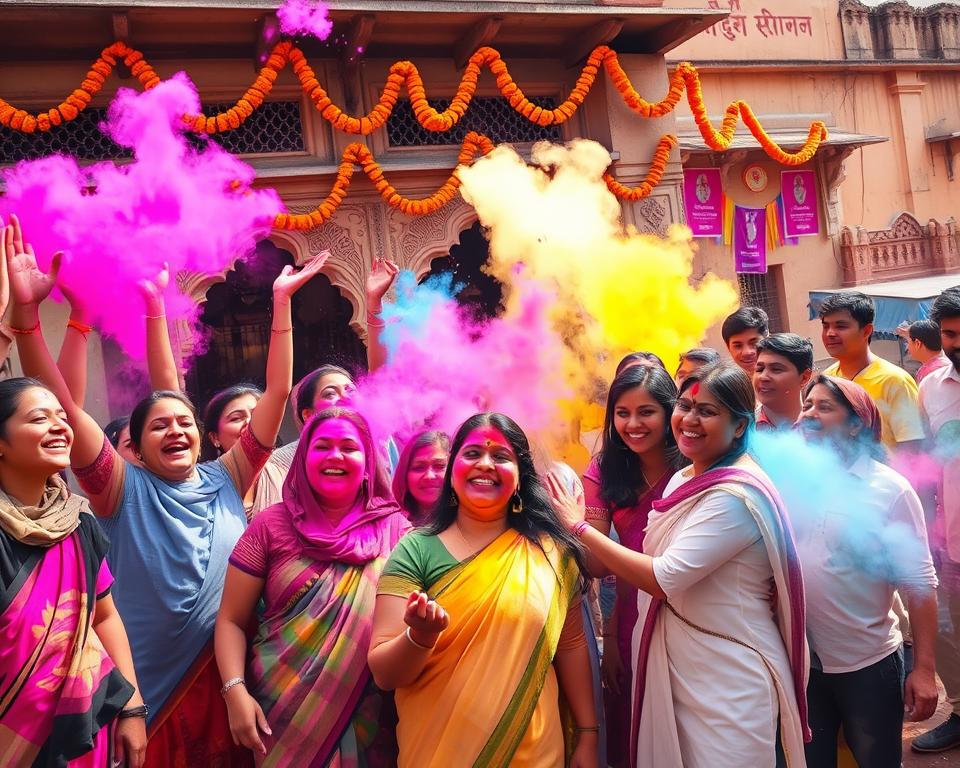 A vibrant scene depicting the Indian festival of Holi, capturing the essence of joy and tradition. In the foreground, a group of diverse people in modest, colorful clothing joyfully tossing bright, powdered colors in the air, their faces illuminated with happiness and laughter. In the middle, a burst of vibrant hues fills the air, blending shades of pink, blue, yellow, and green, as participants engage in playful interactions, some playfully splashing colors on each other. The background features a traditional Indian setting, with decorated marigold garlands and colorful banners strung up around historic architecture, bathed in warm sunlight. The atmosphere is festive and lively, evoking a sense of celebration and community, ideal for illustrating the spirit of Holi. Use a wide angle to capture the dynamic, joyful energy of the festival.