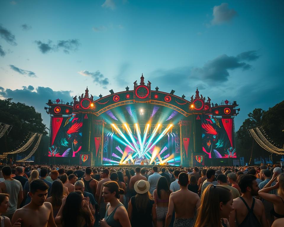 A vibrant scene depicting the Tomorrowland Festival, showcasing a massive, intricately designed main stage adorned with colorful LED lights and captivating visual effects. In the foreground, a diverse crowd of festival-goers, dressed in casual yet stylish clothing, dances joyfully to the pulsating EDM music, their faces illuminated by the dynamic stage lights. The middle ground features dancing performers and elaborate decorations, adding to the festival's magic. In the background, trees and twinkling fairy lights create a whimsical atmosphere under a dusky twilight sky, enhancing the sense of excitement and camaraderie. The lighting is bright and energetic, capturing the festival's lively spirit, shot from a slightly elevated angle to encompass the scale of the event and the stunning architecture of the stage. A vibrant scene depicting the Tomorrowland Festival, showcasing a massive, intricately designed main stage adorned with colorful LED lights and captivating visual effects. In the foreground, a diverse crowd of festival-goers, dressed in casual yet stylish clothing, dances joyfully to the pulsating EDM music, their faces illuminated by the dynamic stage lights. The middle ground features dancing performers and elaborate decorations, adding to the festival's magic. In the background, trees and twinkling fairy lights create a whimsical atmosphere under a dusky twilight sky, enhancing the sense of excitement and camaraderie. The lighting is bright and energetic, capturing the festival's lively spirit, shot from a slightly elevated angle to encompass the scale of the event and the stunning architecture of the stage.