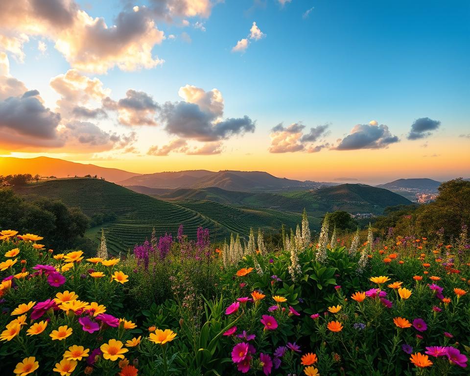 A vibrant scene depicting the climate of Madeira throughout the seasons. In the foreground, lush greenery with colorful flowers in full bloom, representing spring with bright yellows, pinks, and purples. In the middle ground, gently rolling hills covered with terraced vineyards and patches of wildflowers, showcasing the diversity of flora. The background features a dramatic sky with fluffy clouds, transitioning from a clear blue of summer to the soft orange hues of sunset, illustrating the warmth of Madeira's climate. The scene captures the rich textures of the landscape under soft, natural daylight, emphasizing a tranquil and harmonious atmosphere. This idyllic representation evokes a sense of travel and exploration, perfect for showcasing Madeira as a year-round destination.