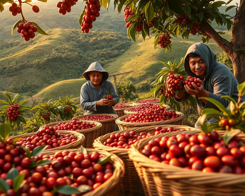 A vibrant scene depicting the coffee harvesting process in the Tobasee region of Sumatra. In the foreground, focused workers in modest attire meticulously pick ripe coffee cherries from lush green coffee bushes, their expressions conveying dedication and pride. In the middle, an array of coffee baskets filled with vivid red cherries is seen, showcasing the abundance of the harvest. The background features rolling hills covered in dense foliage, with the sun gently illuminating the landscape, casting a warm golden hue. Soft, diffused lighting enhances the organic textures of the coffee cherries and leaves. Capture the serene atmosphere of a community deeply connected to their land and the labor-intensive journey from cherry to bean. A vibrant scene depicting the coffee harvesting process in the Tobasee region of Sumatra. In the foreground, focused workers in modest attire meticulously pick ripe coffee cherries from lush green coffee bushes, their expressions conveying dedication and pride. In the middle, an array of coffee baskets filled with vivid red cherries is seen, showcasing the abundance of the harvest. The background features rolling hills covered in dense foliage, with the sun gently illuminating the landscape, casting a warm golden hue. Soft, diffused lighting enhances the organic textures of the coffee cherries and leaves. Capture the serene atmosphere of a community deeply connected to their land and the labor-intensive journey from cherry to bean.