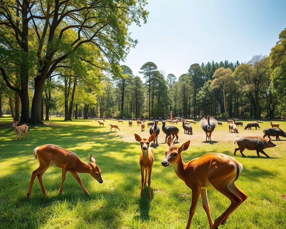 A vibrant scene depicting the diverse wildlife of the Wildtierpark Tripsdrill. In the foreground, a playful group of deer grazes on lush green grass, with a fawn curiously looking up. In the middle ground, an array of animals including wild boars and emus roam freely, showcasing their natural behaviors in a spacious, well-maintained habitat. The background features a dense forest with tall trees and a clear blue sky, allowing soft sunlight to filter through the leaves, creating dappled shadows on the ground. The atmosphere is serene and inviting, capturing the essence of nature and wildlife. Use a wide-angle lens to emphasize the depth of the park, conveying a sense of exploration and adventure. Aim for warm, natural lighting to enhance the vibrancy of the colors and the perception of a peaceful day in the wild. A vibrant scene depicting the diverse wildlife of the Wildtierpark Tripsdrill. In the foreground, a playful group of deer grazes on lush green grass, with a fawn curiously looking up. In the middle ground, an array of animals including wild boars and emus roam freely, showcasing their natural behaviors in a spacious, well-maintained habitat. The background features a dense forest with tall trees and a clear blue sky, allowing soft sunlight to filter through the leaves, creating dappled shadows on the ground. The atmosphere is serene and inviting, capturing the essence of nature and wildlife. Use a wide-angle lens to emphasize the depth of the park, conveying a sense of exploration and adventure. Aim for warm, natural lighting to enhance the vibrancy of the colors and the perception of a peaceful day in the wild.