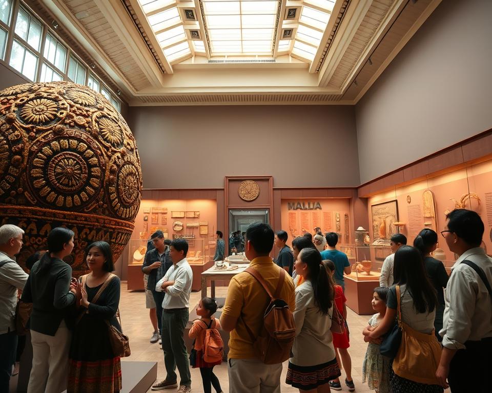 A vibrant scene depicting the interior of a museum in Lima, Peru, showcasing the rich heritage of ancient Peruvian cultures. In the foreground, a group of visitors, including a diverse mix of adults and children in modest casual clothing, stand captivated by a large, intricate Peruvian artifact. In the middle ground, detailed displays of ceramics, textiles, and gold objects are arranged artistically under soft, warm lighting, enhancing their historical significance. The background features soaring ceilings with traditional Peruvian architecture and large windows letting in natural light, creating an inviting atmosphere that encourages exploration and learning. The overall mood is one of curiosity and discovery, highlighting the importance of museums in understanding ancient Peruvian culture. The composition is shot with a wide-angle lens to capture the grandeur of the space and the engagement of the visitors.