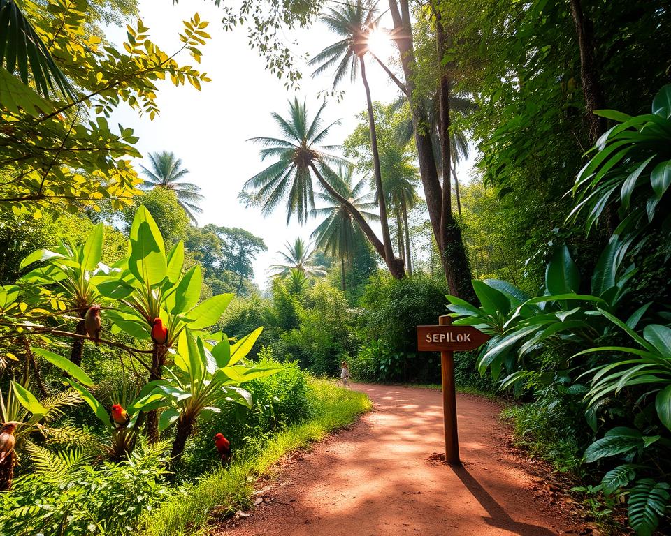 A vibrant scene depicting the journey to Sepilok, Malaysia, showcasing the lush, tropical rainforest that surrounds the area. In the foreground, a narrow, winding dirt path leads towards the lush greenery, with a small wooden signpost indicating the way to Sepilok Orangutan Rehabilitation Centre. In the middle ground, diverse wildlife such as vivid birds and monkey species interact among the dense foliage. The background features towering tropical trees under a bright, sunlit sky, with dappled light filtering through the leaves, creating a warm and inviting atmosphere. The image should evoke a sense of adventure and excitement, capturing the natural beauty and biodiversity of the region. The photograph is taken from a low angle to emphasize the towering trees above, showcasing the grandeur of the rainforest environment.