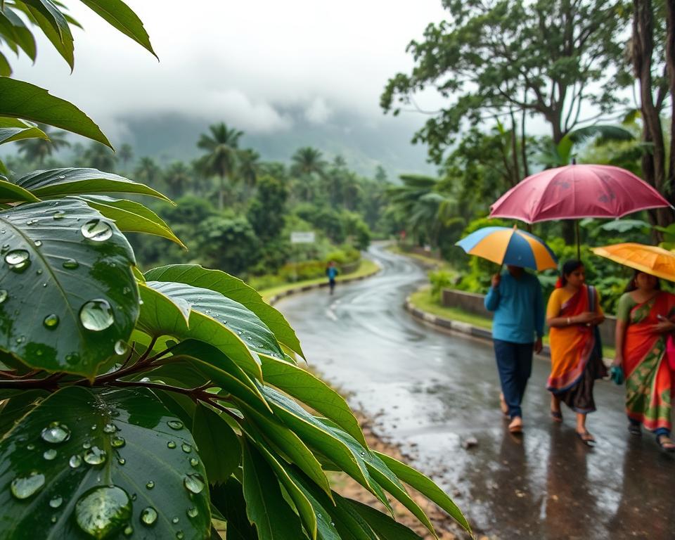 A vibrant scene depicting the monsoon season in India, showcasing lush green landscapes, heavy rainfall, and the unique atmosphere of this time. In the foreground, raindrops glisten on broad leaves, while colorful traditional Indian umbrellas provide shelter to pedestrians dressed in modest casual clothing. In the middle ground, a winding road reflects the rain-soaked environment, with scattered puddles. The background features dense, towering trees and misty hills shrouded in clouds, emphasizing the dramatic mood of the rainy season. The lighting should be soft and diffused, capturing the overcast sky. The angle is slightly elevated, allowing a panoramic view of the serene yet dynamic interplay between nature and urban life during India’s rainy months, evoking a sense of tranquility and renewal.