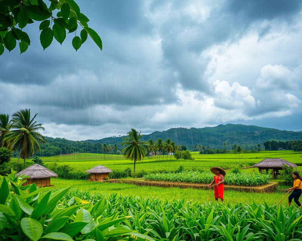 A vibrant scene depicting the onset of monsoon season in India, showcasing lush green landscapes typical of the rainy period. In the foreground, droplets of rain fall on vibrant foliage, while a few traditional Indian structures, such as thatched-roof huts and palm trees, are visible. In the middle ground, farmers in modest clothing are joyfully working in the fields, surrounded by flourishing crops, emphasizing the life-giving aspect of the rain. The background features dark, heavy rain clouds rolling in, with the distant hills shrouded in mist, creating a dramatic atmosphere. The lighting is moody with soft diffused light filtering through the clouds, capturing the essence of the monsoon while evoking a sense of renewal and abundance.