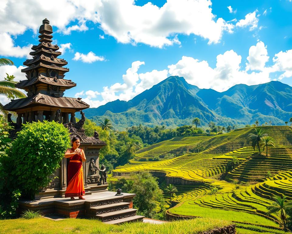 A vibrant scene depicting the rich culture of Bali. In the foreground, a traditional Balinese temple made of intricately carved stone, with lush greenery enclosing it, and a performer in modest traditional attire gracefully presenting a Balinese dance. In the middle ground, rice terraces with shades of green reflecting the sunlight, showcasing the harmony between nature and agriculture. The background features dramatic volcanic mountains under a clear blue sky, dotted with fluffy white clouds. The lighting is warm and inviting, creating a serene atmosphere. A wide-angle perspective captures the expansive beauty of the landscape, evoking a sense of tranquility and cultural appreciation. The composition is rich in detail yet cohesive, highlighting Bali's cultural essence.