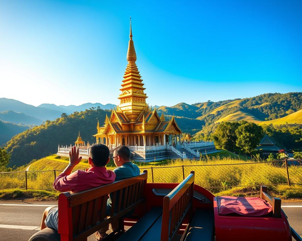 A vibrant scene featuring a traditional Songthaew, the iconic shared taxi of Thailand, parked in the foreground against the backdrop of Wat Phra That Doi Suthep, an ornate temple perched on a lush mountain. The Songthaew is a rustic red vehicle with two benches inside, showcasing passengers enjoying the ride, dressed in modest casual clothing. The middle ground highlights the impressive golden stupa of the temple shimmering under the bright sunlight, surrounded by intricate architectural details. In the background, rolling green hills and a clear blue sky create a serene atmosphere. Capture this scene with a wide-angle lens, emphasizing the colorful elements and natural beauty, during the golden hour for warm, soft lighting that enhances the inviting mood of the landscape.