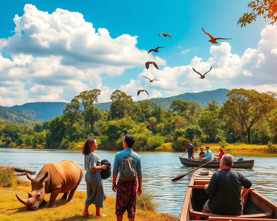 A vibrant scene from Chitwan National Park, Nepal, showcasing various activities and experiences. In the foreground, a group of tourists in modest casual clothing, joyfully interacting with a local guide, who is pointing towards an endangered one-horned rhinoceros grazing nearby. In the middle ground, a canoe glides silently on the Rapti River, with a couple of travelers captivated by the lush green surroundings and diverse bird species flying overhead. The background features dense jungles and distant hills under a bright blue sky with fluffy white clouds. Capture warm, golden sunlight filtering through the trees, creating a serene and adventurous atmosphere, with a lens that highlights the vibrant colors and intricate details of the wildlife.