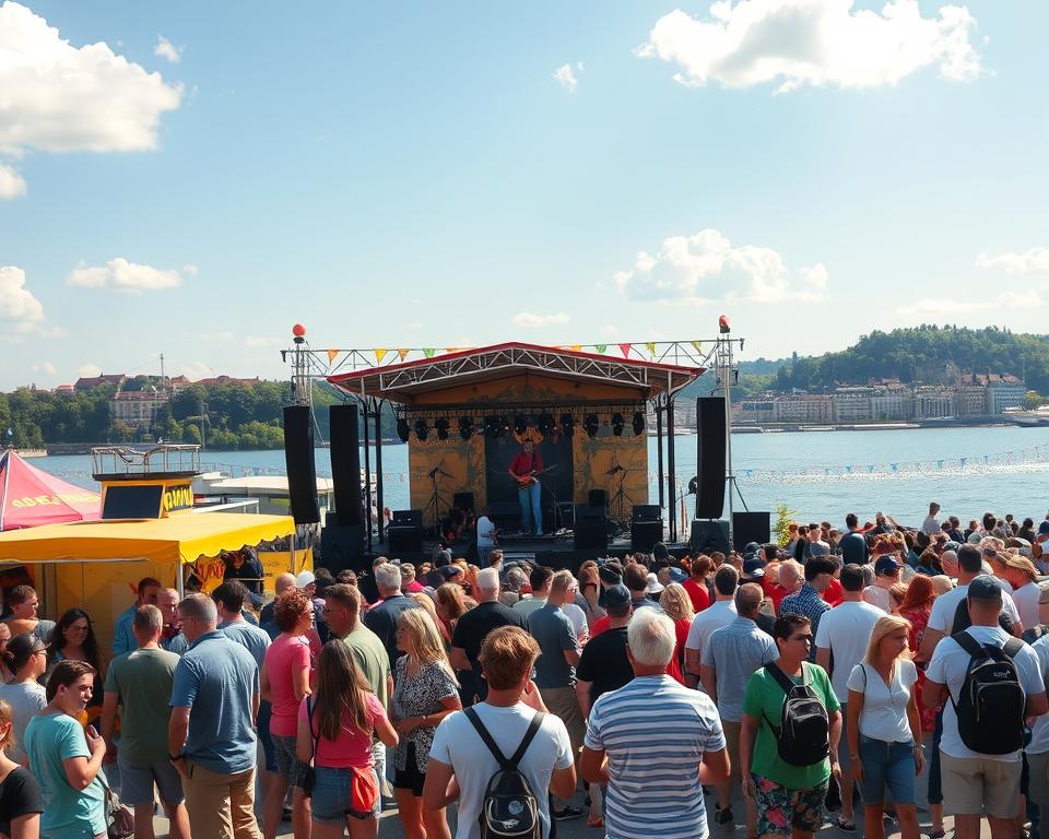 A vibrant scene from Donauinselfest in Vienna, showcasing a lively outdoor festival atmosphere. In the foreground, diverse groups of people, dressed in colorful casual clothing, are enjoying food stalls and engaging in friendly conversations. In the middle ground, a lively stage featuring performers playing music, surrounded by cheering crowds. Banners and decorations adorned with bright colors create a festive ambiance. In the background, the picturesque Danube River glimmers under the warm sunlight, reflecting the energetic spirit of the festival. The sky is clear with a few fluffy clouds, emphasizing the joyful atmosphere. Capture this scene with a wide-angle lens to encompass the larger festival vibe, ensuring bright, natural lighting that highlights the excitement and community spirit of the event. A vibrant scene from Donauinselfest in Vienna, showcasing a lively outdoor festival atmosphere. In the foreground, diverse groups of people, dressed in colorful casual clothing, are enjoying food stalls and engaging in friendly conversations. In the middle ground, a lively stage featuring performers playing music, surrounded by cheering crowds. Banners and decorations adorned with bright colors create a festive ambiance. In the background, the picturesque Danube River glimmers under the warm sunlight, reflecting the energetic spirit of the festival. The sky is clear with a few fluffy clouds, emphasizing the joyful atmosphere. Capture this scene with a wide-angle lens to encompass the larger festival vibe, ensuring bright, natural lighting that highlights the excitement and community spirit of the event.
