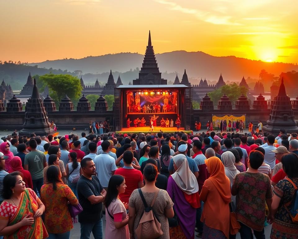 A vibrant scene from the Borobudur Festival, set against the majestic backdrop of the Borobudur Temple during a sunset. In the foreground, a gathering of visitors, dressed in modest casual clothing, engaged in traditional Javanese dance and crafts, showcasing colorful fabrics and intricate masks. The middle ground features stage performances, illuminated by warm, soft lighting that enhances the festive atmosphere. In the background, the iconic stupas of Borobudur are framed by lush green hills, with golden sunset hues casting a magical glow over the scene. The overall mood is one of celebration and cultural richness, inviting viewers to experience the unique essence of this festival. Capture this moment with a wide-angle perspective that emphasizes the grandeur of both the temple and the lively events taking place. A vibrant scene from the Borobudur Festival, set against the majestic backdrop of the Borobudur Temple during a sunset. In the foreground, a gathering of visitors, dressed in modest casual clothing, engaged in traditional Javanese dance and crafts, showcasing colorful fabrics and intricate masks. The middle ground features stage performances, illuminated by warm, soft lighting that enhances the festive atmosphere. In the background, the iconic stupas of Borobudur are framed by lush green hills, with golden sunset hues casting a magical glow over the scene. The overall mood is one of celebration and cultural richness, inviting viewers to experience the unique essence of this festival. Capture this moment with a wide-angle perspective that emphasizes the grandeur of both the temple and the lively events taking place.