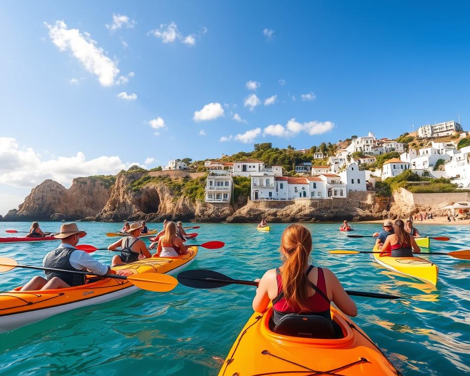 A vibrant scene in Albufeira’s Old Town, depicting tourists engaging in kayaking and guided tours along the stunning Algarve coast. In the foreground, a diverse group of people in casual, modest clothing are kayaking in crystal-clear waters with rocky cliffs in the background. The middle section features a scenic coastal view with unique rock formations and lush greenery, showcasing the natural beauty of the region. In the background, charming whitewashed buildings of the Old Town are bathed in warm, golden sunlight. The atmosphere is lively and inviting, conveying a sense of adventure and exploration, with soft clouds scattered across a bright blue sky. The angle captures the dynamic action of kayaking while focusing on the serene landscape around.