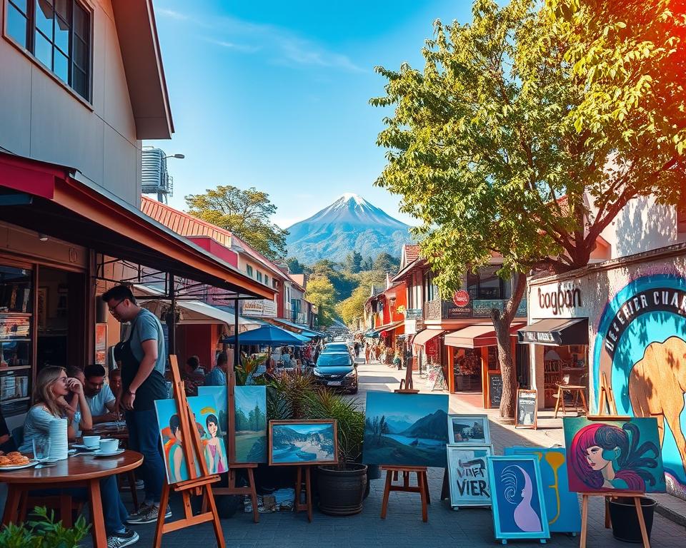 A vibrant scene in Nimmanhaemin, Chiang Mai, showcasing the lively atmosphere of art, cafés, and lifestyle. In the foreground, a cozy café terrace filled with people enjoying coffee and pastries, with modern art pieces displayed on easels nearby. The middle ground features a bustling street lined with boutique shops, local artisans, and colorful murals that capture the creativity of the area. In the background, the iconic Doi Suthep mountain rises gently against a clear blue sky, adding depth to the scene. Soft, warm sunlight filters through the trees, creating a welcoming ambiance. Capture this scene from a slightly elevated angle, simulating a drone view, to emphasize the vibrant lifestyle and artistic spirit of Nimmanhaemin. A vibrant scene in Nimmanhaemin, Chiang Mai, showcasing the lively atmosphere of art, cafés, and lifestyle. In the foreground, a cozy café terrace filled with people enjoying coffee and pastries, with modern art pieces displayed on easels nearby. The middle ground features a bustling street lined with boutique shops, local artisans, and colorful murals that capture the creativity of the area. In the background, the iconic Doi Suthep mountain rises gently against a clear blue sky, adding depth to the scene. Soft, warm sunlight filters through the trees, creating a welcoming ambiance. Capture this scene from a slightly elevated angle, simulating a drone view, to emphasize the vibrant lifestyle and artistic spirit of Nimmanhaemin.