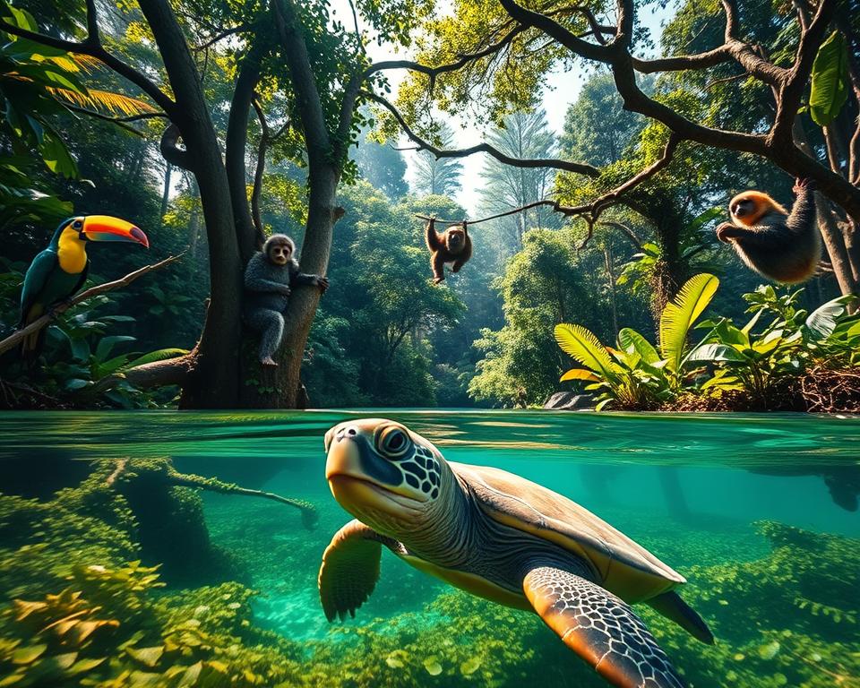 A vibrant scene in Tortuguero National Park, Costa Rica, showcasing the rich wildlife. In the foreground, a majestic green sea turtle emerges from the crystal-clear water, surrounded by kelp and tropical plants. Beside it, a colorful toucan perches on a nearby branch, its bright beak contrasting against the lush greenery. In the middle ground, a sloth lazily hangs from a tree while howler monkeys swing playfully among the branches, their fur catching the dappled sunlight. The background features dense rainforests with towering trees, creating a sense of depth and lushness. The lighting is warm and inviting, casting gentle shadows that enhance the scene's vibrancy. Capture this lively and immersive atmosphere, celebrating the incredible biodiversity of the region.