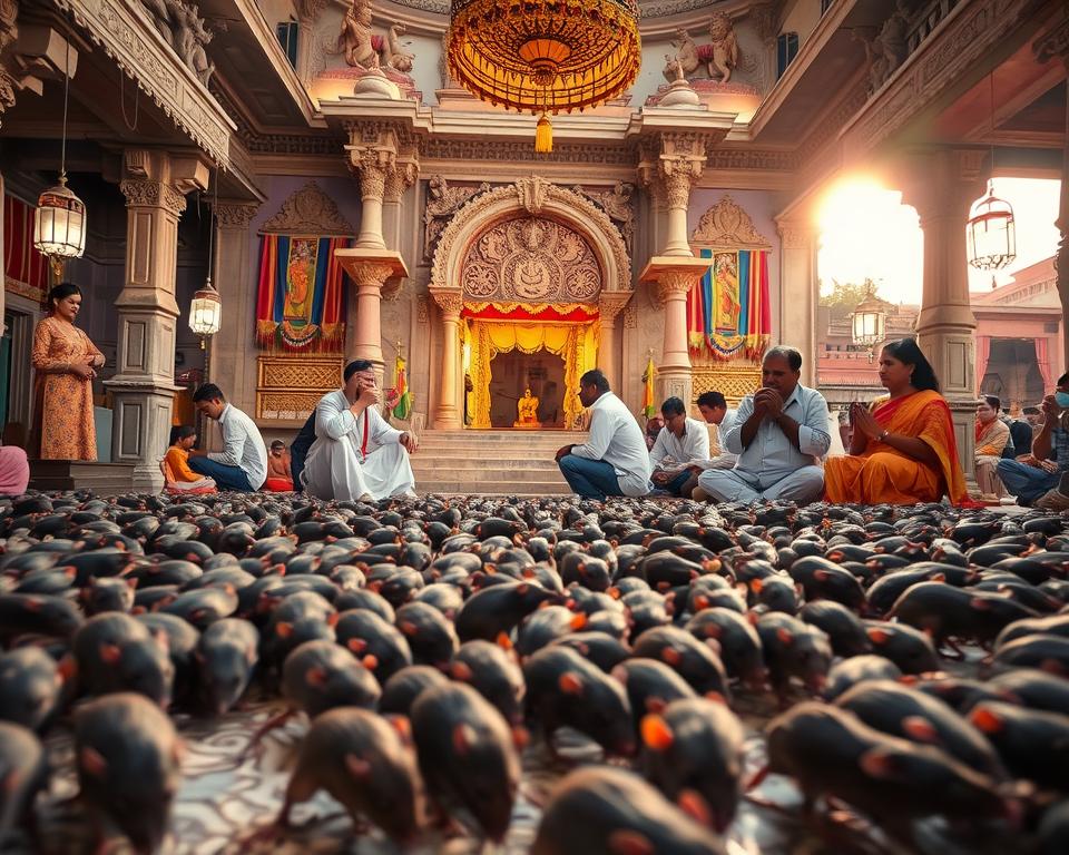 A vibrant scene inside the Karni Mata Temple in Rajasthan, India, showcasing the abundance of revered rats, considered sacred by locals. In the foreground, a gentle cluster of gray and brown rats scurry around intricately carved marble flooring, their glossy fur catching the soft, warm light filtering from ornate overhead lamps. In the middle ground, devotees of various ethnicities, dressed in modest traditional garments, kneel and offer prayers, casting respectful glances towards the revered rat colony. The background features the temple’s stunning architecture with detailed sculptures and colorful banners, bathed in a serene, golden hour ambiance. The atmosphere is tranquil yet reverent, inviting viewers into a unique cultural experience. The composition should be captured from a slightly low angle, emphasizing the grandeur of the temple structure above.