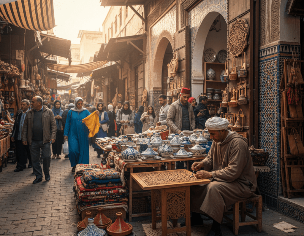 A vibrant scene inside the traditional souks of Fes, Morocco, showcasing exquisite hand-crafted artisanal goods. In the foreground, a skilled artisan, dressed in modest, traditional attire, is meticulously carving intricate wooden designs. Surrounding him, colorful displays of woven textiles, ceramics, and pottery create an inviting and lively atmosphere. The middle layer features bustling market-goers admiring the wares, with splashes of deep blue, earthy reds, and vivid yellows reflecting the iconic colors of the city. In the background, the stunning architecture of Fes, adorned with decorative tile work, creates an authentic Moroccan ambiance. Soft, warm sunlight filters through the market awnings, casting gentle shadows and highlighting the vibrant textures, evoking a sense of cultural richness and tradition.
