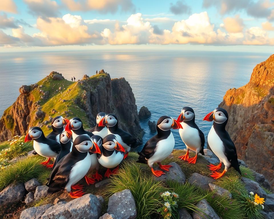 A vibrant scene of Atlantic puffins (Papageientaucher) perched on rugged cliffs along the scenic coastline of Iceland. In the foreground, a cluster of colorful puffins with their characteristic orange beaks and striking black and white plumage are seen, playfully interacting with each other. The middle layer showcases the dramatic cliffs and rocky outcrops, with patches of green grass and wildflowers peeking through the rocky terrain. In the background, a vast, serene ocean stretches out beneath a dramatic sky filled with soft, fluffy clouds illuminated by golden sunlight. The mood is lively and serene, capturing a sense of natural beauty and adventure. Use a wide-angle lens to emphasize the stunning landscape and the playful nature of the puffins, creating a visually captivating image.