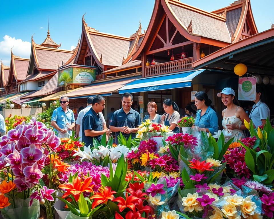 A vibrant scene of Blumenmarkt in Chiang Mai, capturing the essence of a bustling flower market. In the foreground, colorful bouquets of tropical flowers like orchids and hibiscus are neatly arranged on wooden stalls, with fresh greenery adding depth. In the middle ground, local vendors chat amiably while customers browse, dressed in modest, casual attire, their expressions lively and joyful. The background features traditional Thai architecture, with ornate rooftops and hanging lanterns, under a bright blue sky. Soft, warm sunlight bathes the scene, creating a welcoming and cheerful atmosphere. The composition is captured with a wide-angle lens to emphasize the vibrancy of the market while keeping the focus on the intricate details of the flowers and interactions. A vibrant scene of Blumenmarkt in Chiang Mai, capturing the essence of a bustling flower market. In the foreground, colorful bouquets of tropical flowers like orchids and hibiscus are neatly arranged on wooden stalls, with fresh greenery adding depth. In the middle ground, local vendors chat amiably while customers browse, dressed in modest, casual attire, their expressions lively and joyful. The background features traditional Thai architecture, with ornate rooftops and hanging lanterns, under a bright blue sky. Soft, warm sunlight bathes the scene, creating a welcoming and cheerful atmosphere. The composition is captured with a wide-angle lens to emphasize the vibrancy of the market while keeping the focus on the intricate details of the flowers and interactions.