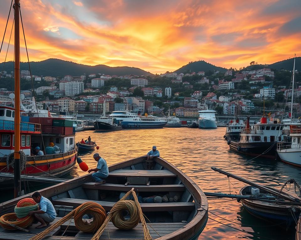 A vibrant scene of Hafen Valparaíso during the golden hour, showcasing the bustling port activities. In the foreground, a wooden fishing boat with colorful nets and fishermen in modest casual clothing working diligently. The middle ground features a variety of ships, from small fishing vessels to larger cargo ships, with containers stacked neatly. The background captures the iconic hills of Valparaíso, adorned with colorful houses and lush greenery, under a dramatic sky painted in warm oranges and purples as the sun sets. The overall atmosphere should reflect a sense of history and maritime culture, hinting at the rich heritage of this historic port city. Use a wide-angle lens to encompass the sprawling scene, with soft, warm lighting to enhance the inviting mood.