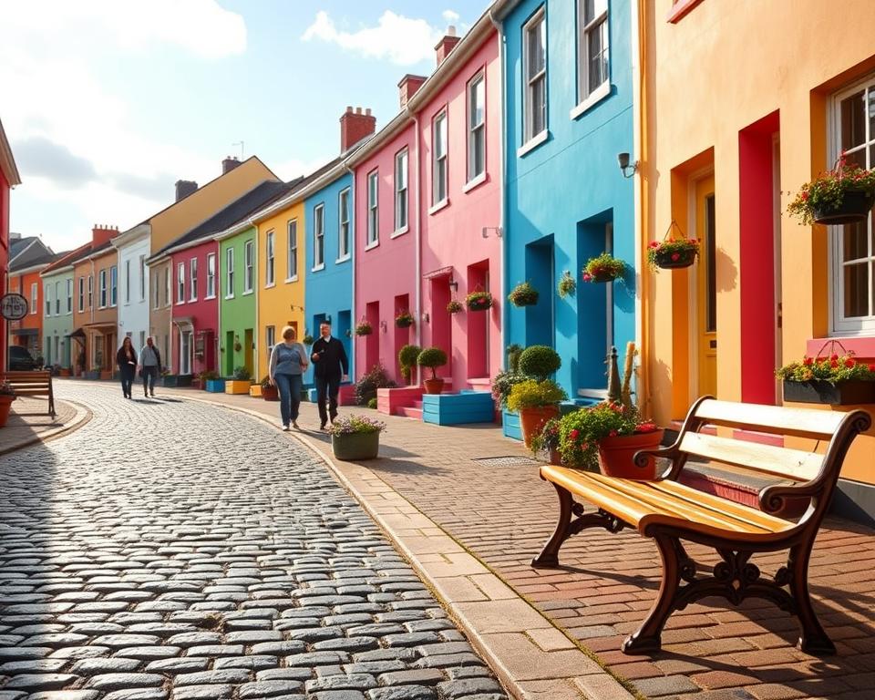 A vibrant scene of Jellybean Row in St. John's, showcasing the iconic row houses painted in bright pastel colors like pink, blue, and yellow. In the foreground, feature a cobbled street glistening with morning dew, lined with charming wooden benches and small flower pots. The middle ground should include a few people, dressed in modest casual clothing, strolling leisurely and enjoying the picturesque setting. In the background, capture the hint of a clear blue sky with soft clouds, accentuating the lively atmosphere. Use warm, diffused sunlight to enhance the colors and create a cheerful mood. The perspective should be slightly elevated, as if looking down a charming alley, inviting viewers to explore the cozy allure of this historic district.