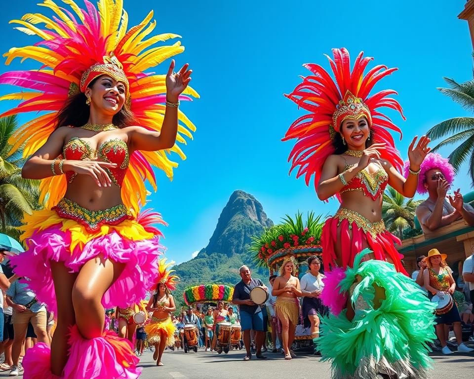 A vibrant scene of "Karneval in Rio", capturing the essence of the world's largest street festival. In the foreground, exuberant dancers dressed in colorful, ornate costumes, featuring feathers and sequins, performing samba with joy and energy. The middle ground showcases a parade of floats adorned with tropical decorations and lively musicians playing drums, creating an atmosphere of celebration. In the background, the iconic Sugarloaf Mountain is visible, complementing the vivid blue sky. The lighting is bright and festive, evoking a sense of daytime warmth and happiness. The scene is lively and filled with motion, reflecting the excitement and cultural richness of the carnival, while ensuring all participants are modestly dressed, presenting a family-friendly image. A vibrant scene of "Karneval in Rio", capturing the essence of the world's largest street festival. In the foreground, exuberant dancers dressed in colorful, ornate costumes, featuring feathers and sequins, performing samba with joy and energy. The middle ground showcases a parade of floats adorned with tropical decorations and lively musicians playing drums, creating an atmosphere of celebration. In the background, the iconic Sugarloaf Mountain is visible, complementing the vivid blue sky. The lighting is bright and festive, evoking a sense of daytime warmth and happiness. The scene is lively and filled with motion, reflecting the excitement and cultural richness of the carnival, while ensuring all participants are modestly dressed, presenting a family-friendly image.