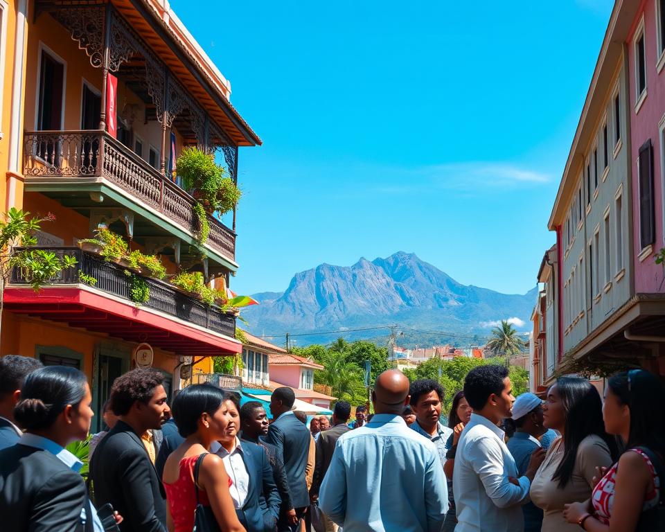 A vibrant scene of Kultur Port Louis, Mauritius showcasing its rich culture and history. In the foreground, a diverse group of individuals in professional business attire engage in conversation, reflecting the multicultural essence of the city. In the middle ground, traditional Mauritian architecture with colorful facades, intricate balconies, and lush greenery frames the scene, highlighting the blend of colonial and local influences. The background features the striking Moka mountain range under a clear blue sky. Soft, warm afternoon sunlight bathes the entire scene, casting gentle shadows. The overall atmosphere is lively and inviting, emphasizing a sense of community and heritage that embodies the soul of the city.