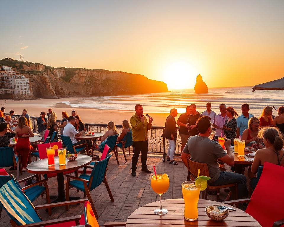 A vibrant scene of "Strandbar Algarve" during sunset, showcasing a lively beach bar filled with visitors enjoying refreshments. In the foreground, colorful lounge chairs and tables adorned with tropical drinks and light snacks create an inviting atmosphere. In the middle, friendly staff in casual attire serve patrons, while a musician strums a guitar, adding to the lively ambiance. The background features the stunning Praia da Falesia cliffs, illuminated by the warm golden hues of the setting sun, casting soft shadows on the beach. The scene captures the essence of relaxation and joy, with gentle waves lapping at the shore. The overall mood is cheerful and inviting, with a focus on the enjoyment of food and drink in a picturesque coastal setting.