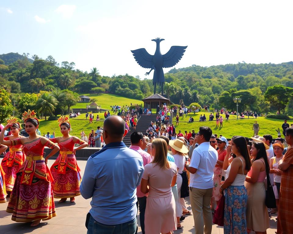 A vibrant scene of cultural performances at the Garuda Wisnu Kencana Cultural Park, showcasing traditional Balinese dancers in colorful costumes, gracefully performing under a bright, clear sky. The foreground features a group of dancers in intricate, ornate outfits, their expressive movements central to the image. In the middle ground, an audience of diverse individuals, dressed in modest casual attire, is captivated by the performance, some recording the event on their phones. The background displays the iconic towering statue of Garuda Wisnu Kencana against a lush green landscape, bathed in warm sunlight, creating an inviting and festive atmosphere. Capture the essence of cultural celebration with lively colors and dynamic poses, conveying joy and tradition. Use a wide-angle lens to emphasize the grandeur of the park and performers, with soft diffused lighting to enhance the joyful mood. A vibrant scene of cultural performances at the Garuda Wisnu Kencana Cultural Park, showcasing traditional Balinese dancers in colorful costumes, gracefully performing under a bright, clear sky. The foreground features a group of dancers in intricate, ornate outfits, their expressive movements central to the image. In the middle ground, an audience of diverse individuals, dressed in modest casual attire, is captivated by the performance, some recording the event on their phones. The background displays the iconic towering statue of Garuda Wisnu Kencana against a lush green landscape, bathed in warm sunlight, creating an inviting and festive atmosphere. Capture the essence of cultural celebration with lively colors and dynamic poses, conveying joy and tradition. Use a wide-angle lens to emphasize the grandeur of the park and performers, with soft diffused lighting to enhance the joyful mood.