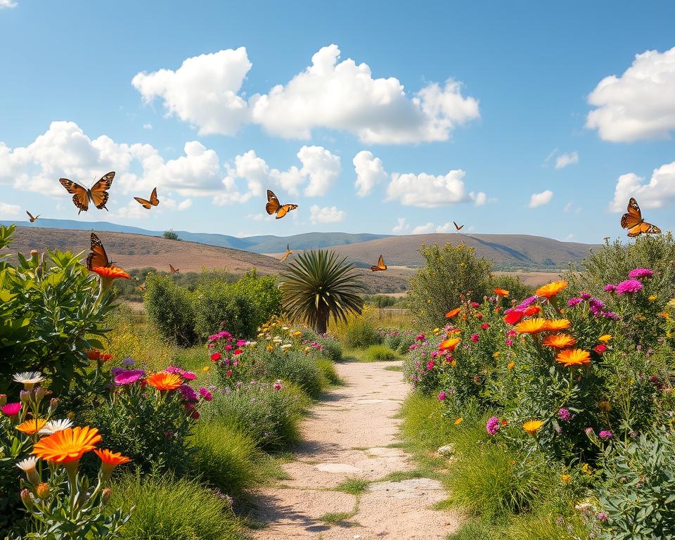 A vibrant scene of the "Barrierefrei Schmetterlingstal" in Rhodes, showcasing a family-friendly atmosphere. In the foreground, a well-maintained, accessible path meanders through lush greenery and colorful flowers, ideal for families with children. In the middle ground, butterflies flit gracefully around, with some resting on blooming plants, enhancing the enchanting feel. The background features gentle hills under a bright blue sky, dotted with cotton-like clouds, creating a serene ambiance. Soft, natural light bathes the landscape, highlighting the rich colors of the butterflies and flora. The overall mood is joyful and inviting, perfect for family exploration, with no people present, allowing nature to take center stage in this picturesque scene.