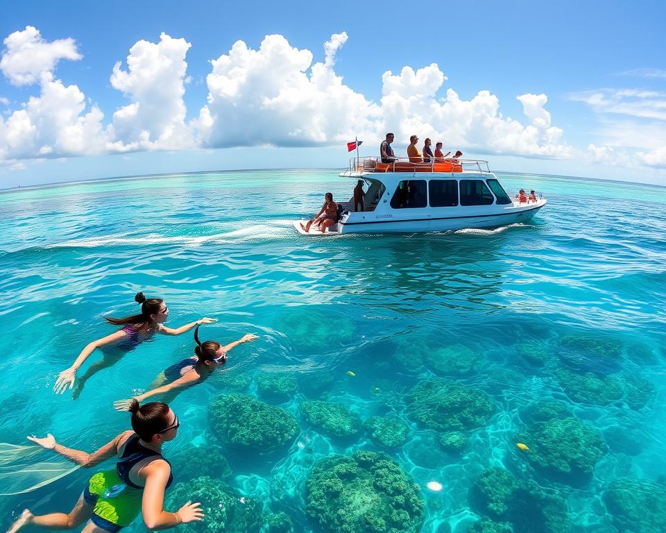 A vibrant scene of the Great Barrier Reef, Australia, showcasing a variety of activities. In the foreground, a diverse group of tourists, dressed in casual yet modest clothing, are engaged in snorkeling, exploring the colorful coral and fish beneath the crystal-clear water. In the middle ground, a glass-bottom boat glides smoothly over the reef, with excited families pointing out marine life. The background features a breathtaking panorama of the expansive reef, with shades of turquoise and deep blue waters blending into a clear sky filled with fluffy white clouds. The lighting is bright and sunny, casting beautiful reflections on the water's surface. The mood is adventurous and inviting, highlighting the natural beauty and recreational opportunities of this UNESCO World Heritage site.