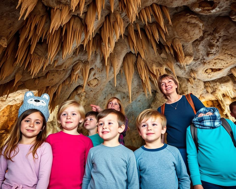 A vibrant scene of the Schlossberghöhlen in Homburg, showcasing families with children exploring the fascinating cave formations. In the foreground, a group of children in casual yet modest clothing, marveling at the stalactites and stalagmites, their faces lit up with excitement. In the middle ground, a pair of parents pointing out interesting geological features, dressed comfortably for a day of exploration. The background reveals the stunning cave walls with intricate textures and soft lighting that highlights the natural beauty and mystery of the caves. The atmosphere is inviting and adventurous, capturing the essence of family bonding and discovery within this captivating underground landscape. The image should have a slight upward angle to emphasize the grandeur of the cave ceiling.